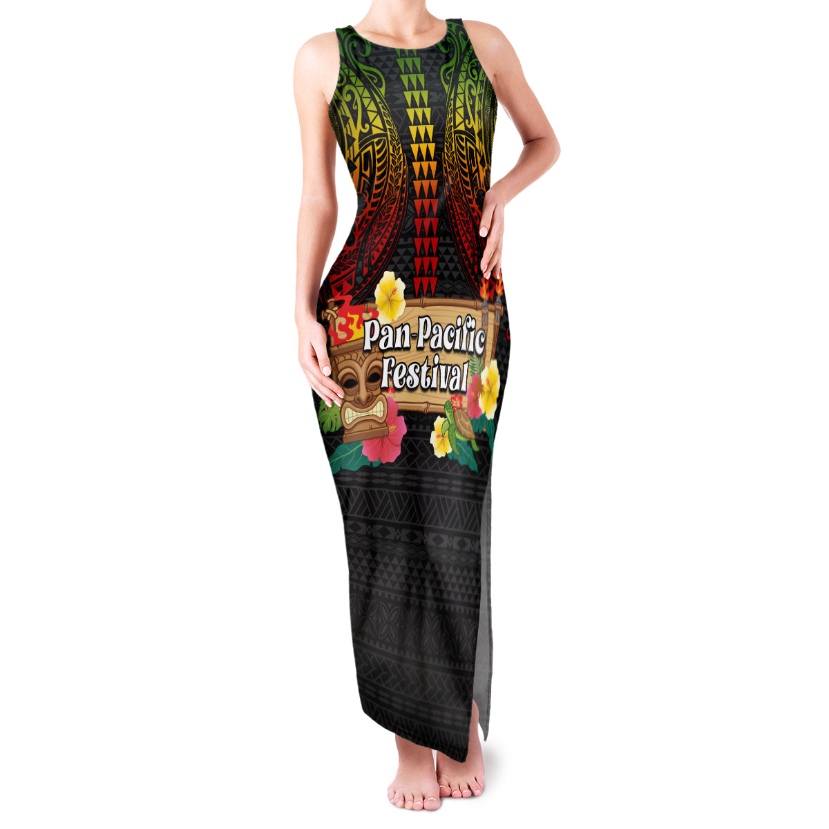 Hawaiian Elements and Polynesian Tattoo Family Matching Tank Maxi Dress and Hawaiian Shirt LT03 Mom's Dress Black - Polynesian Pride