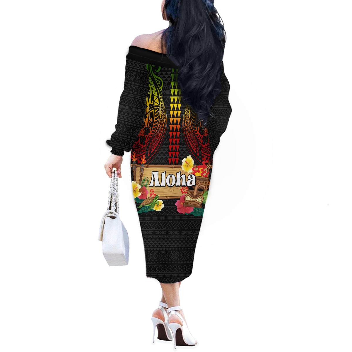 Hawaii Pan-Pacific Festival Off The Shoulder Long Sleeve Dress Hawaiian Elements and Polynesian Tattoo