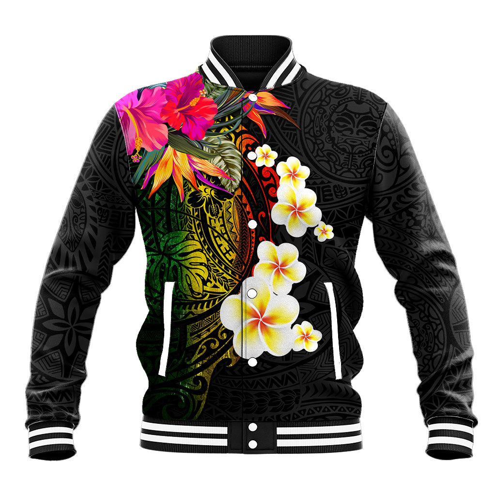 Hawaii Plumeria Baseball Jacket Polynesian Tattoo and Hibiscus