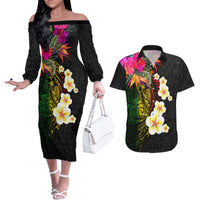 Hawaii Plumeria Couples Matching Off The Shoulder Long Sleeve Dress and Hawaiian Shirt Polynesian Tattoo and Hibiscus LT03 Black - Polynesian Pride
