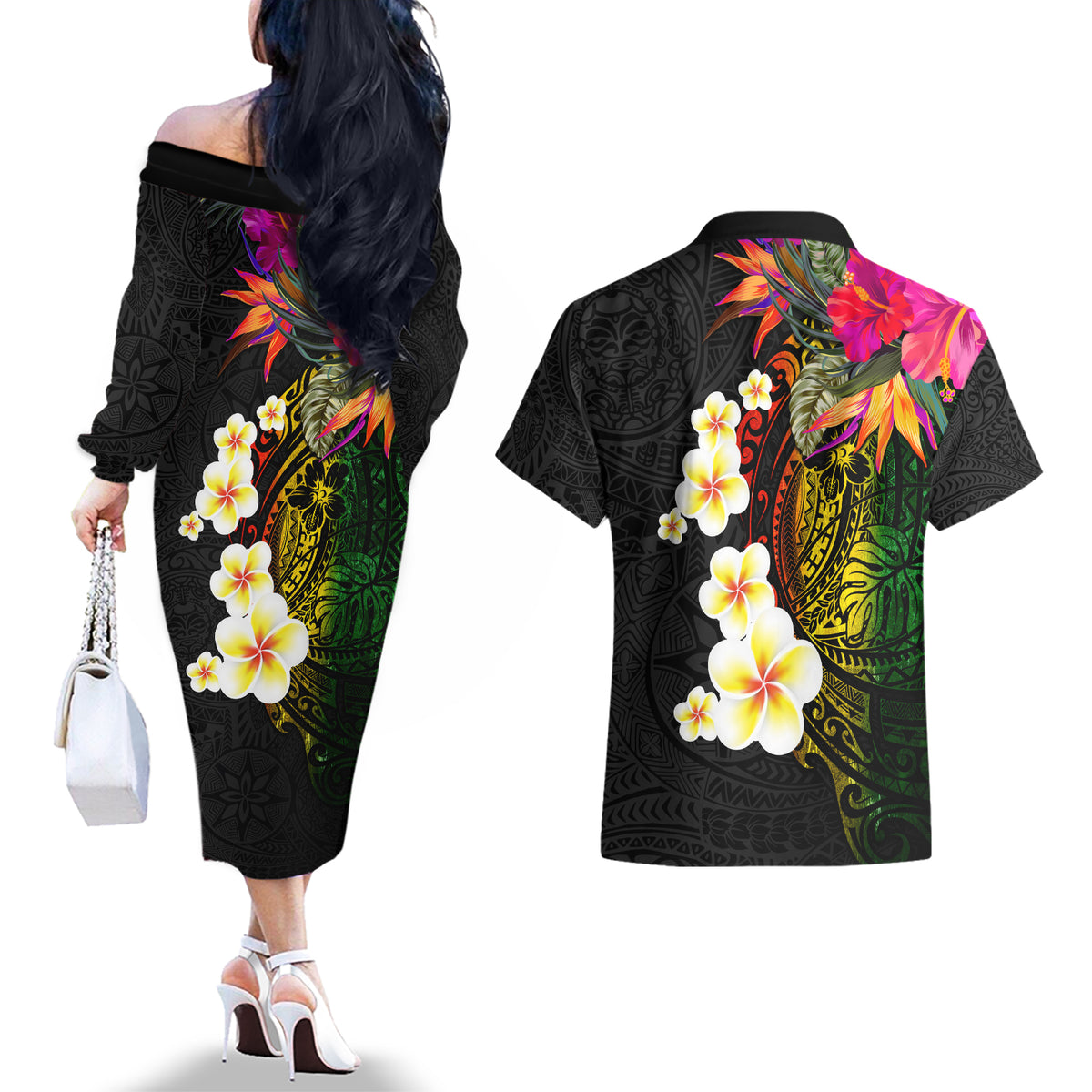 Hawaii Plumeria Couples Matching Off The Shoulder Long Sleeve Dress and Hawaiian Shirt Polynesian Tattoo and Hibiscus LT03 - Polynesian Pride