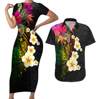 Hawaii Plumeria Couples Matching Short Sleeve Bodycon Dress and Hawaiian Shirt Polynesian Tattoo and Hibiscus LT03 Black - Polynesian Pride