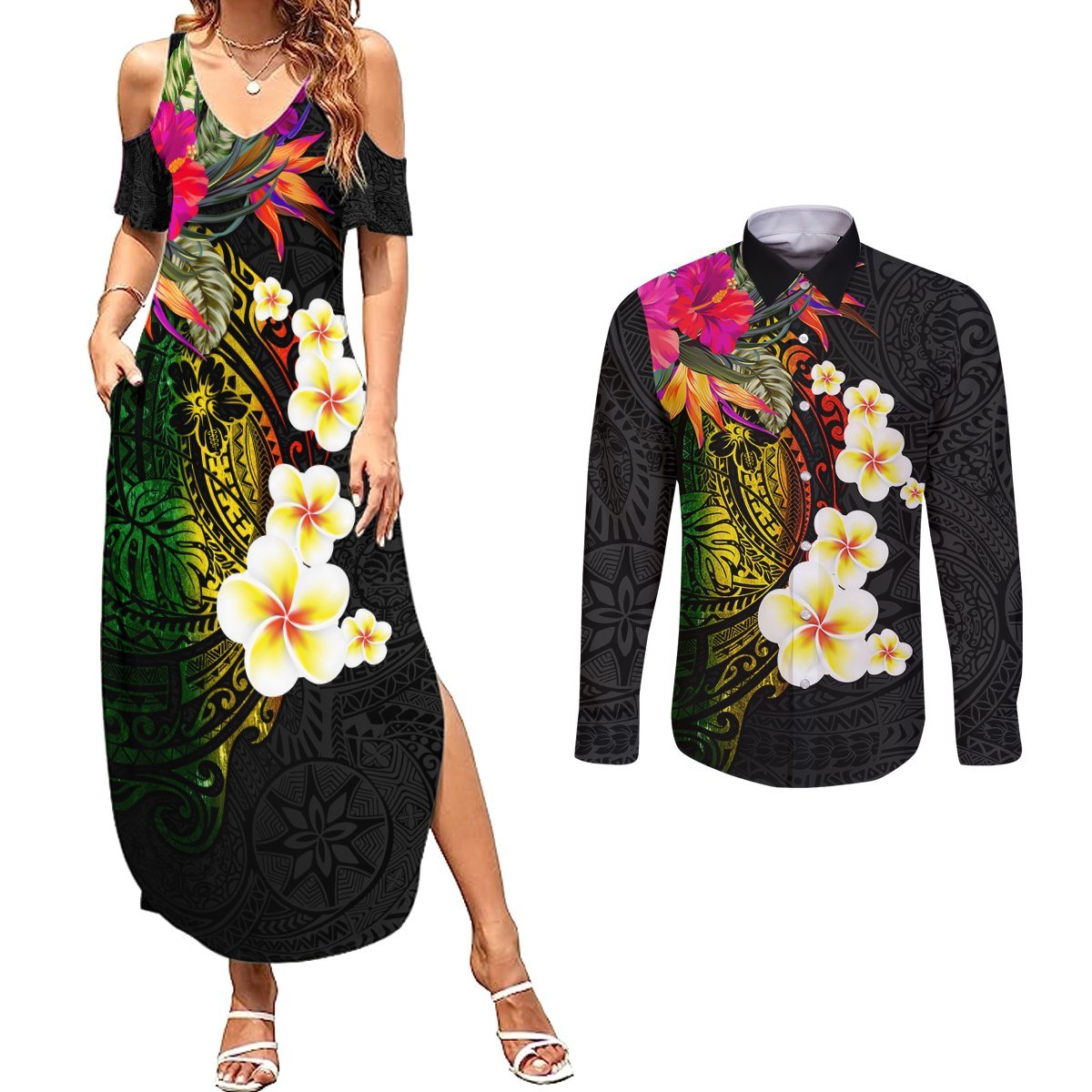 Hawaii Plumeria Couples Matching Summer Maxi Dress and Long Sleeve Button Shirt Polynesian Tattoo and Hibiscus LT03 Black - Polynesian Pride