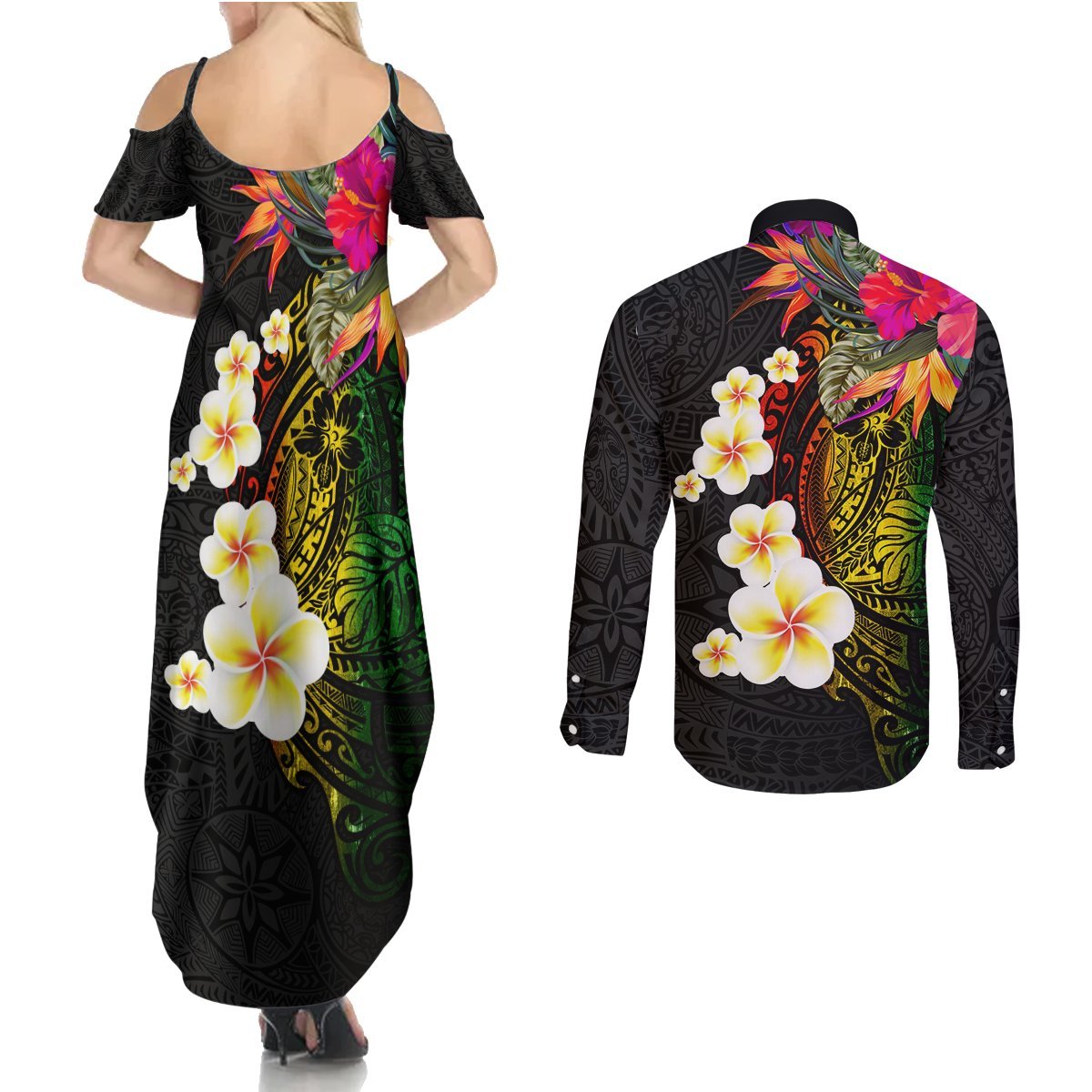 Hawaii Plumeria Couples Matching Summer Maxi Dress and Long Sleeve Button Shirt Polynesian Tattoo and Hibiscus LT03 - Polynesian Pride