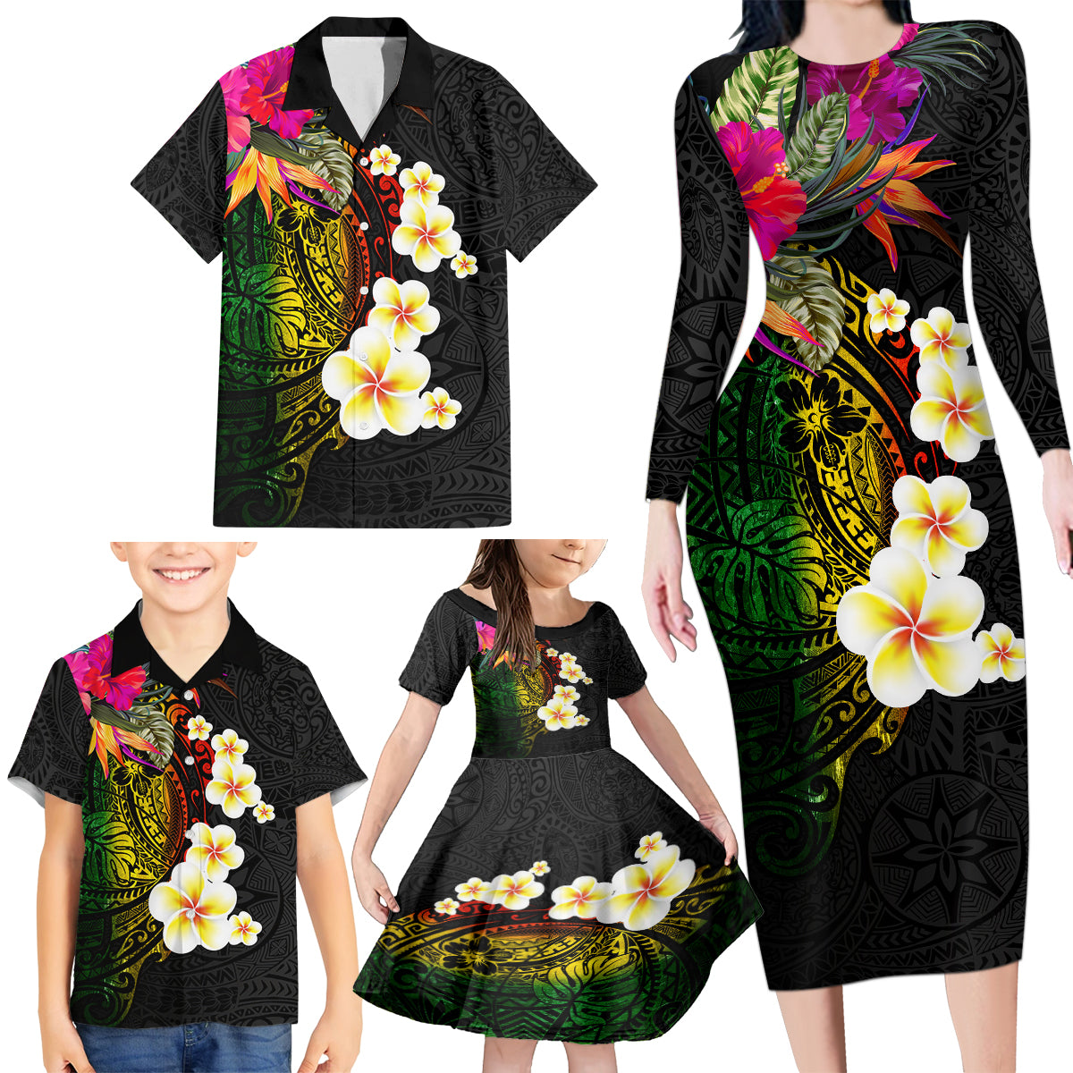 Hawaii Plumeria Family Matching Long Sleeve Bodycon Dress and Hawaiian Shirt Polynesian Tattoo and Hibiscus LT03 - Polynesian Pride