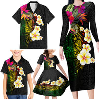 Hawaii Plumeria Family Matching Long Sleeve Bodycon Dress and Hawaiian Shirt Polynesian Tattoo and Hibiscus LT03 - Polynesian Pride