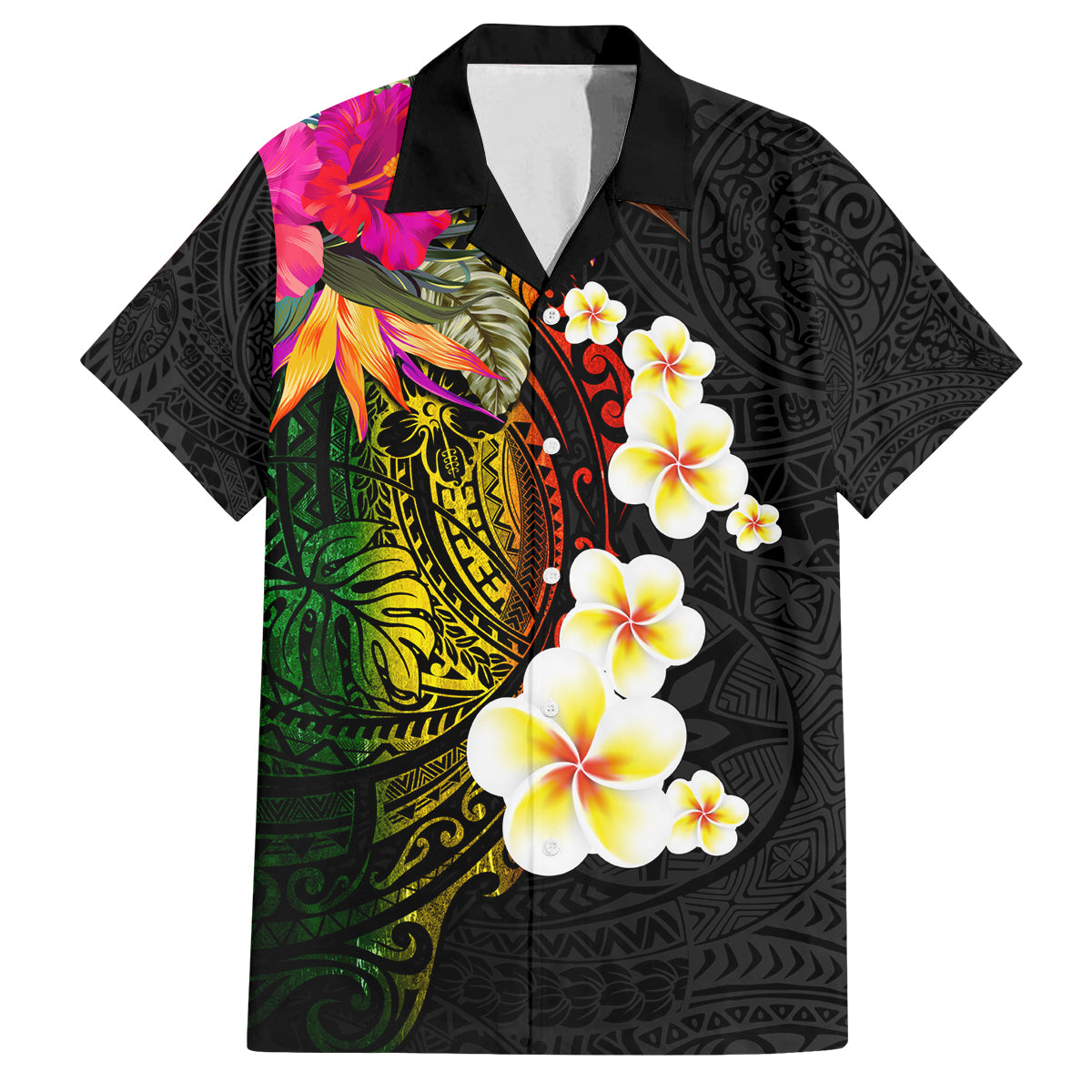 Hawaii Plumeria Family Matching Long Sleeve Bodycon Dress and Hawaiian Shirt Polynesian Tattoo and Hibiscus LT03 Dad's Shirt - Short Sleeve Black - Polynesian Pride