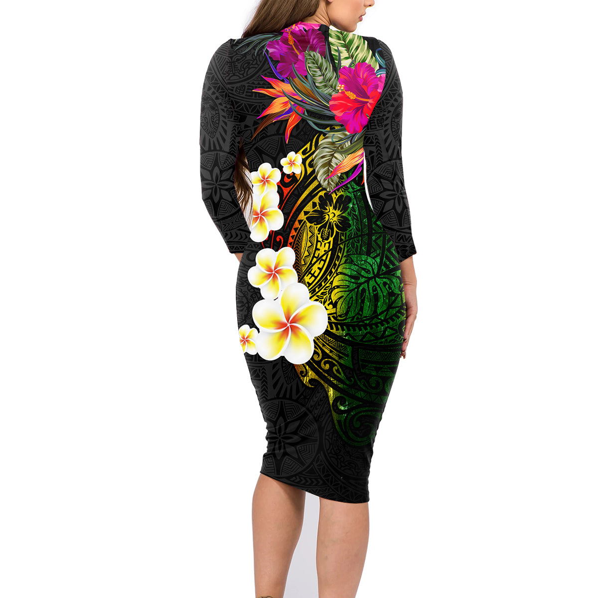 Hawaii Plumeria Family Matching Long Sleeve Bodycon Dress and Hawaiian Shirt Polynesian Tattoo and Hibiscus LT03 - Polynesian Pride