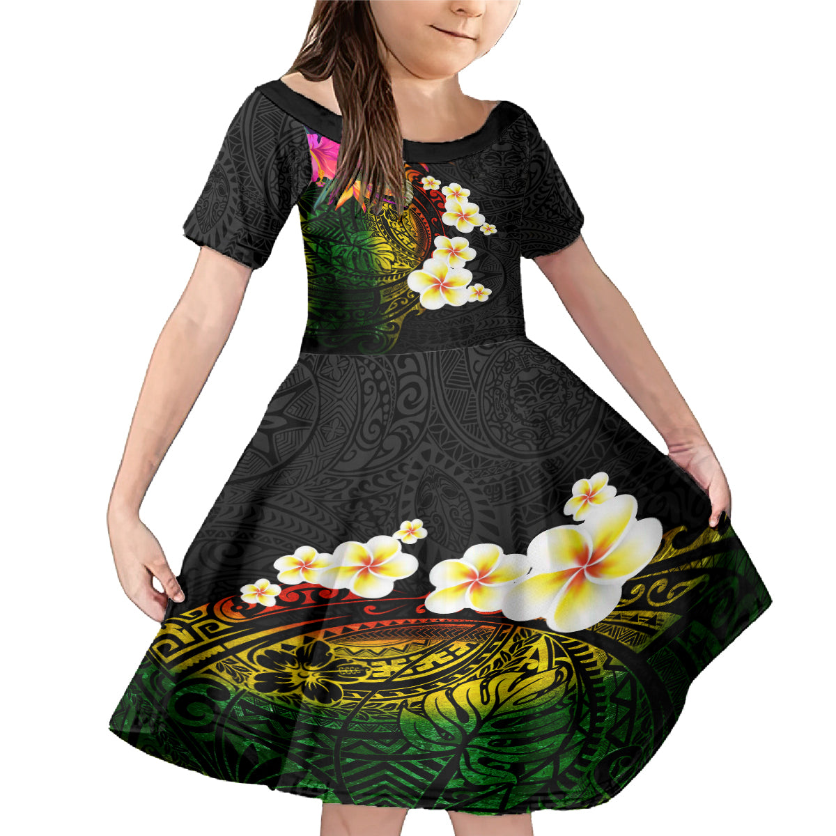 Hawaii Plumeria Family Matching Mermaid Dress and Hawaiian Shirt Polynesian Tattoo and Hibiscus LT03 Daughter's Dress Black - Polynesian Pride