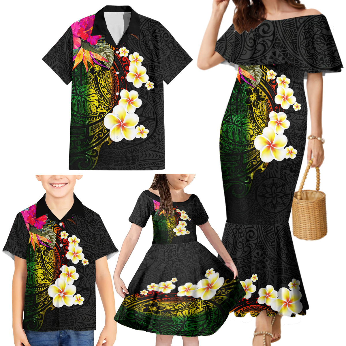 Hawaii Plumeria Family Matching Mermaid Dress and Hawaiian Shirt Polynesian Tattoo and Hibiscus LT03 - Polynesian Pride