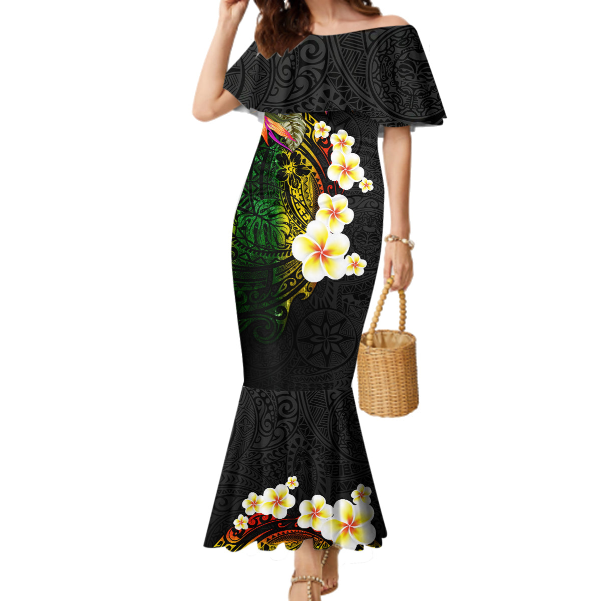 Hawaii Plumeria Family Matching Mermaid Dress and Hawaiian Shirt Polynesian Tattoo and Hibiscus LT03 Mom's Dress Black - Polynesian Pride