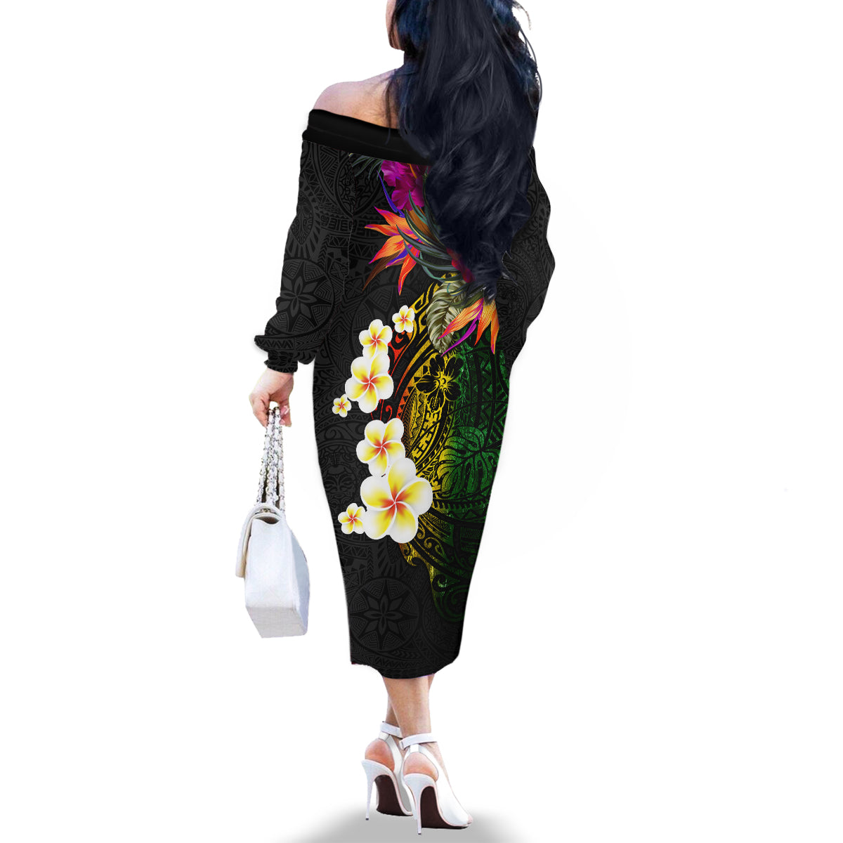 Hawaii Plumeria Family Matching Off The Shoulder Long Sleeve Dress and Hawaiian Shirt Polynesian Tattoo and Hibiscus LT03 - Polynesian Pride
