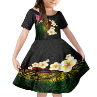 Hawaii Plumeria Family Matching Off Shoulder Maxi Dress and Hawaiian Shirt Polynesian Tattoo and Hibiscus LT03 Daughter's Dress Black - Polynesian Pride