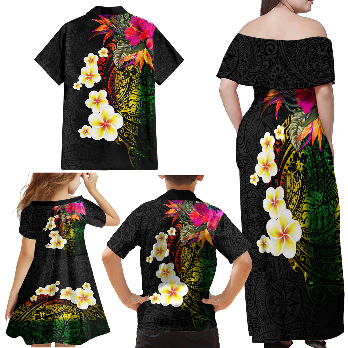 Hawaii Plumeria Family Matching Off Shoulder Maxi Dress and Hawaiian Shirt Polynesian Tattoo and Hibiscus LT03 - Polynesian Pride