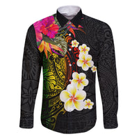 Hawaii Plumeria Family Matching Off Shoulder Maxi Dress and Hawaiian Shirt Polynesian Tattoo and Hibiscus LT03 Dad's Shirt - Long Sleeve Black - Polynesian Pride