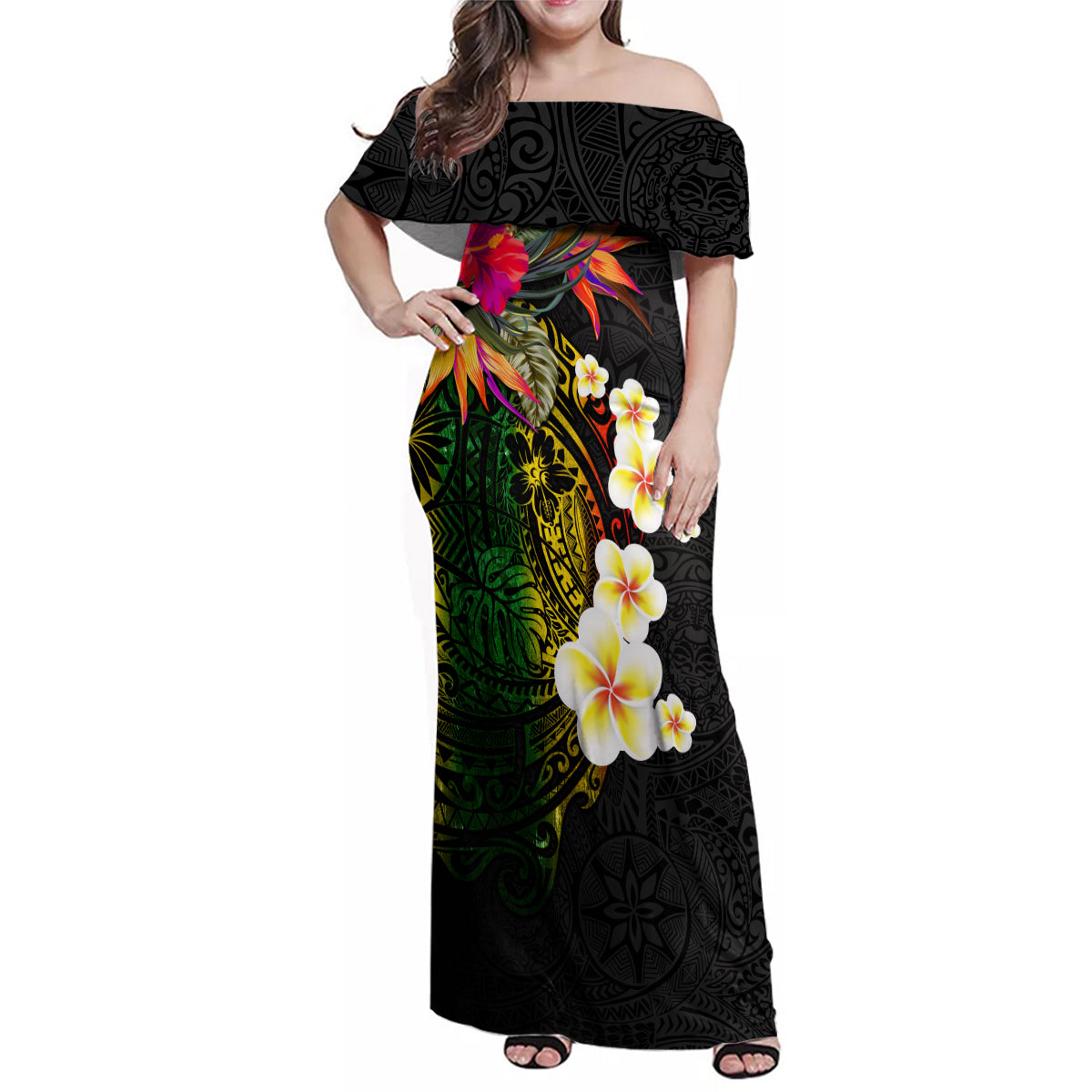 Hawaii Plumeria Family Matching Off Shoulder Maxi Dress and Hawaiian Shirt Polynesian Tattoo and Hibiscus LT03 Mom's Dress Black - Polynesian Pride