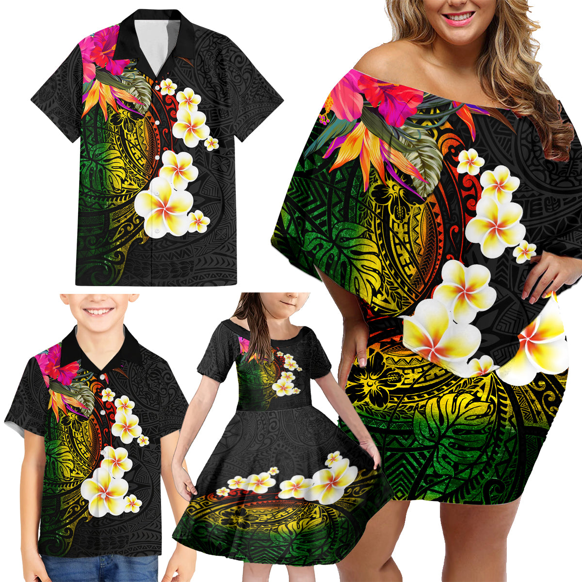 Hawaii Plumeria Family Matching Off Shoulder Short Dress and Hawaiian Shirt Polynesian Tattoo and Hibiscus LT03 - Polynesian Pride