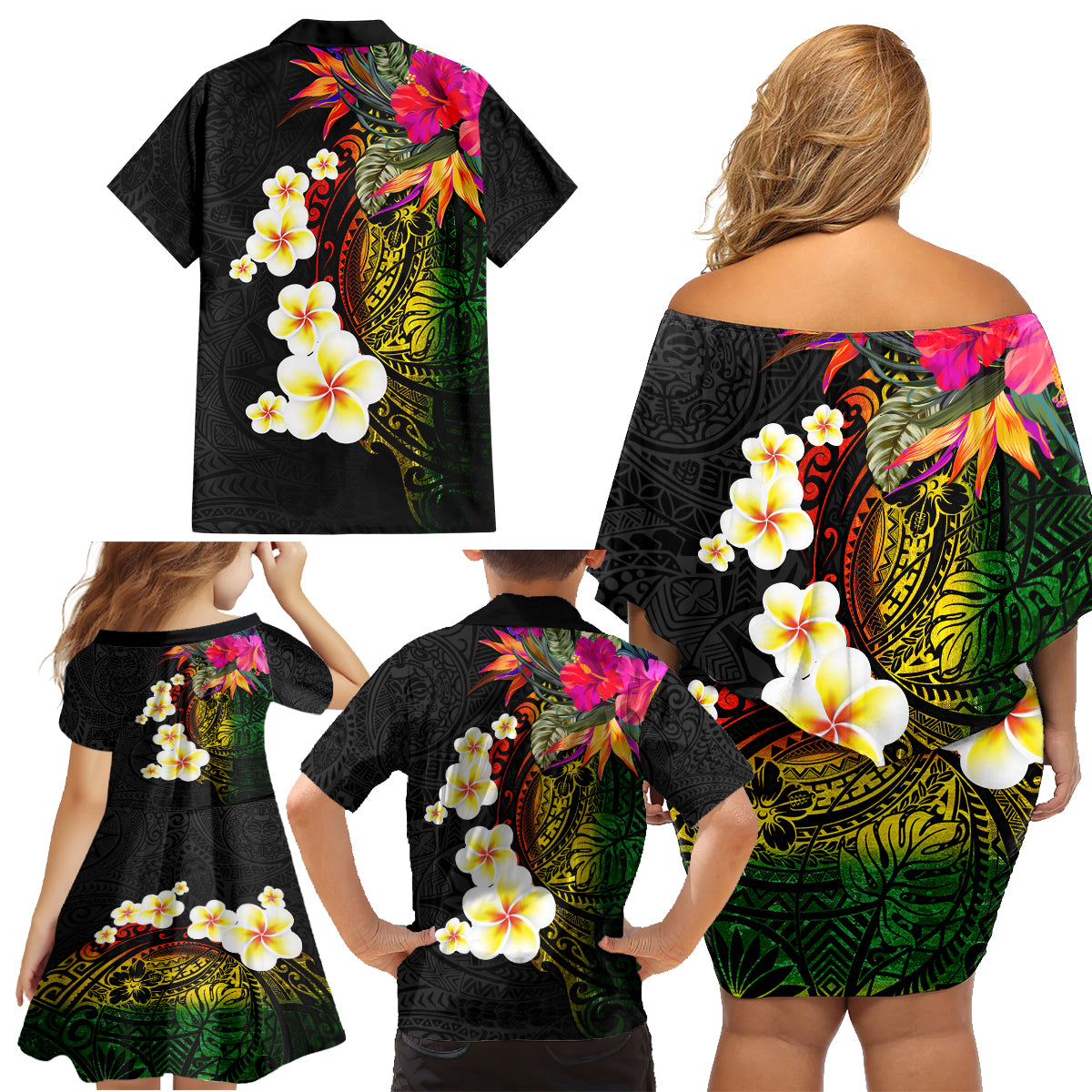Hawaii Plumeria Family Matching Off Shoulder Short Dress and Hawaiian Shirt Polynesian Tattoo and Hibiscus LT03 - Polynesian Pride