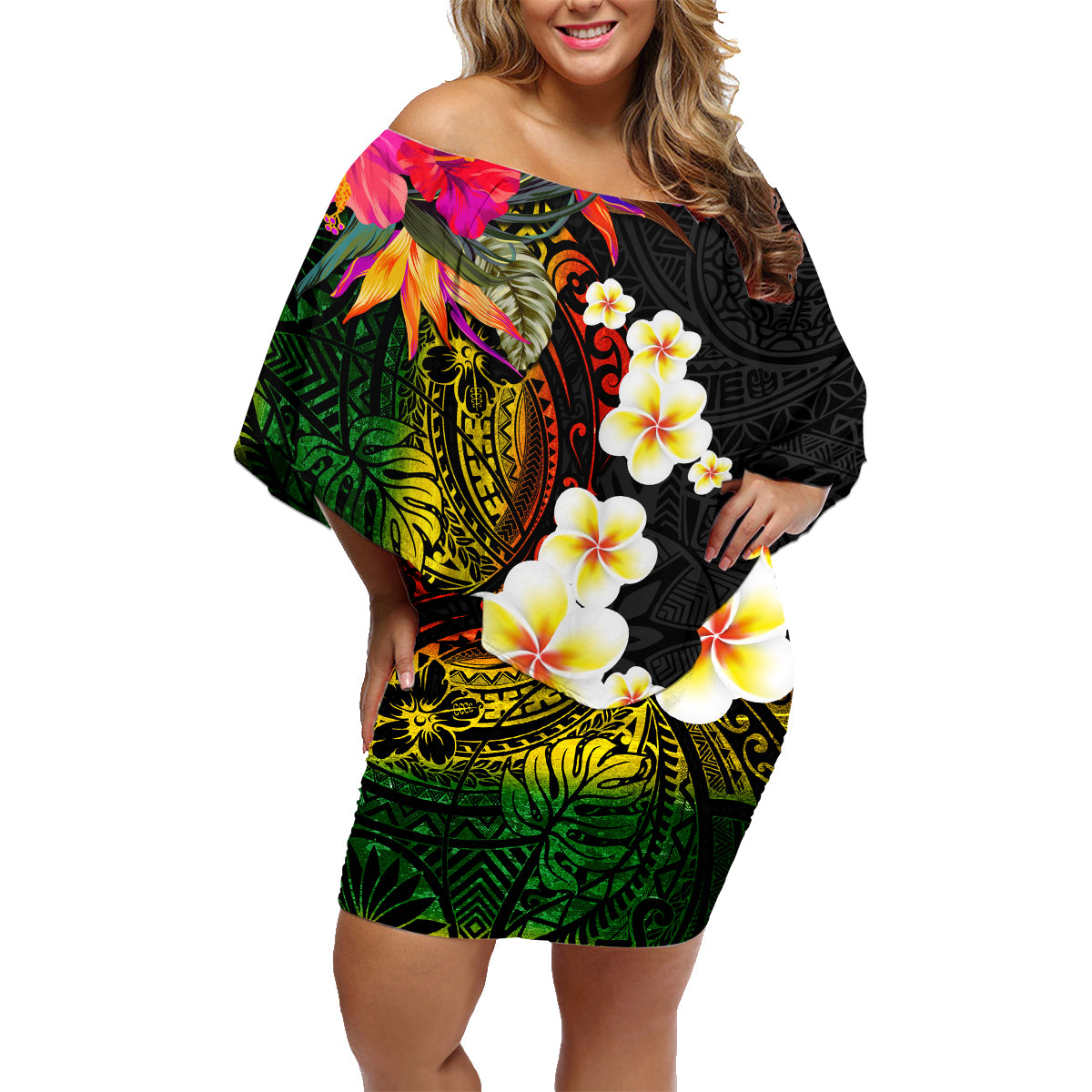 Hawaii Plumeria Family Matching Off Shoulder Short Dress and Hawaiian Shirt Polynesian Tattoo and Hibiscus LT03 Mom's Dress Black - Polynesian Pride