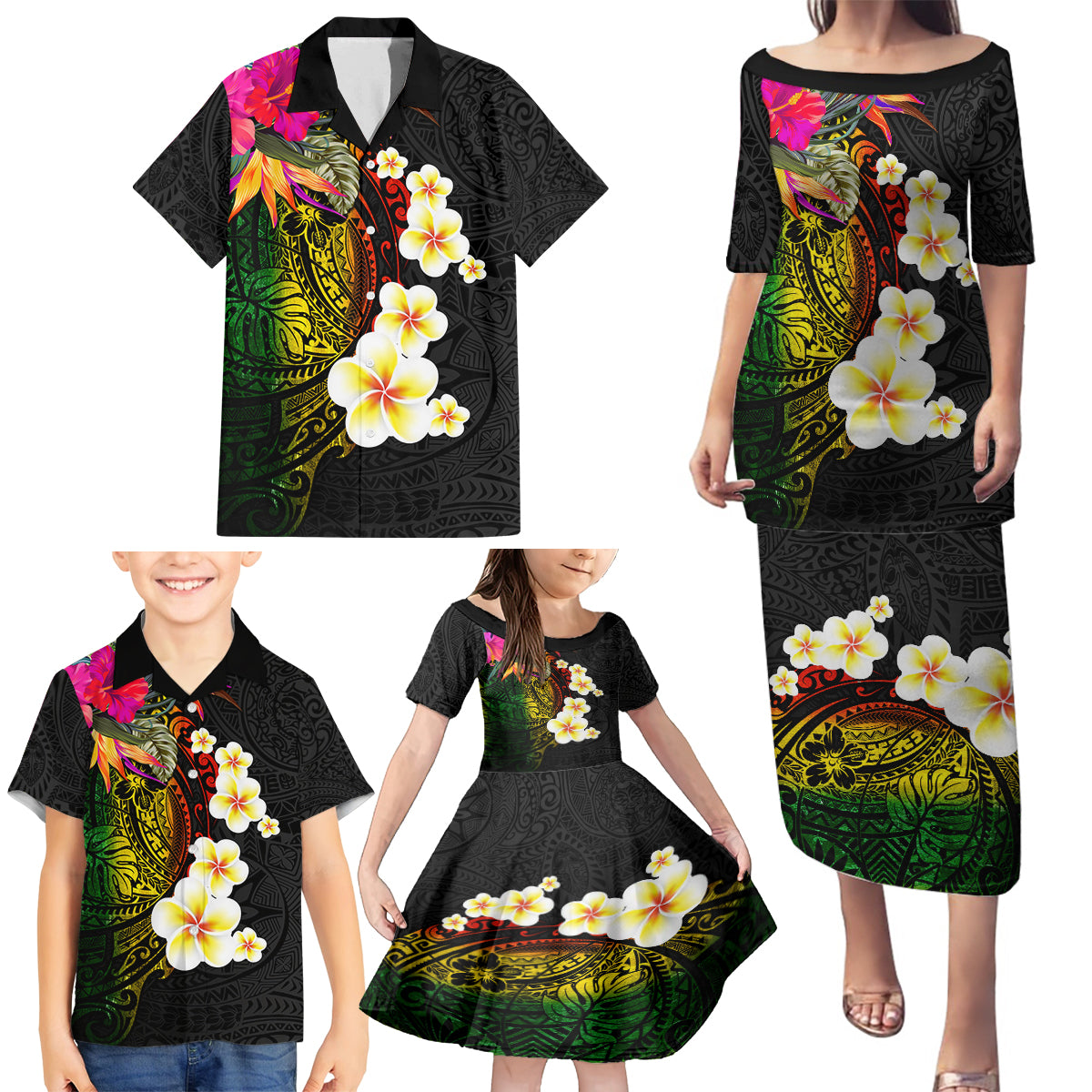 Hawaii Plumeria Family Matching Puletasi and Hawaiian Shirt Polynesian Tattoo and Hibiscus LT03 - Polynesian Pride