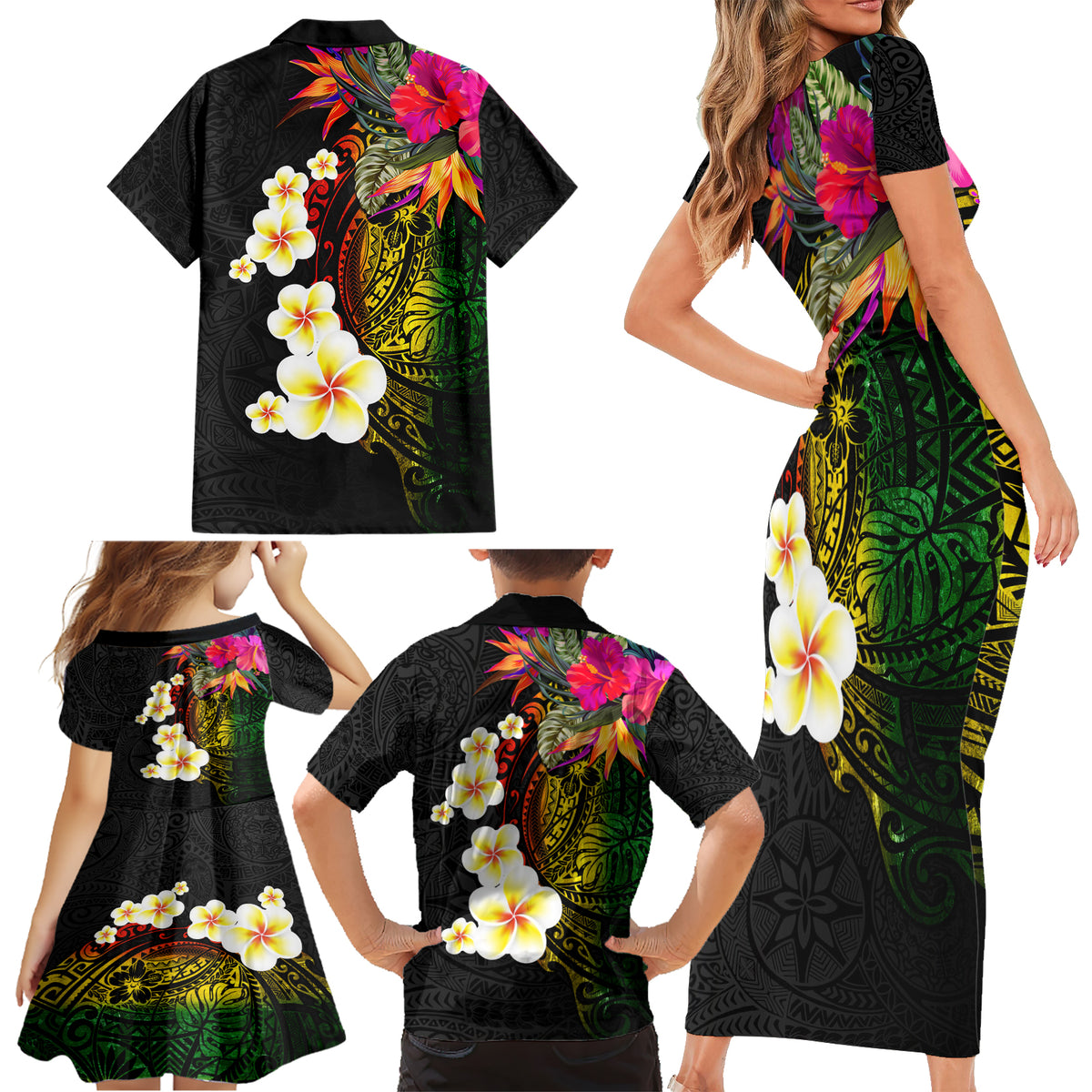 Hawaii Plumeria Family Matching Short Sleeve Bodycon Dress and Hawaiian Shirt Polynesian Tattoo and Hibiscus LT03 - Polynesian Pride