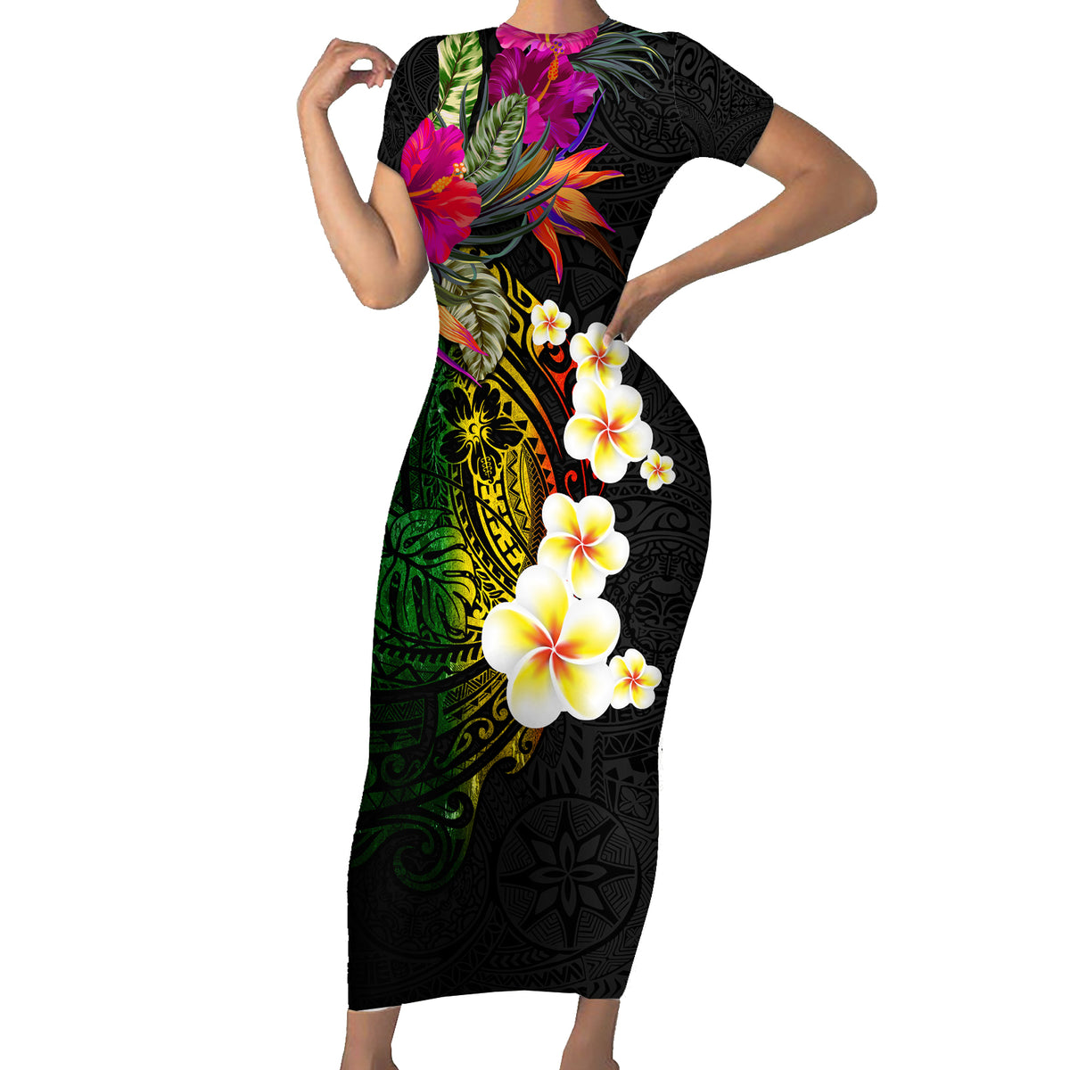 Hawaii Plumeria Family Matching Short Sleeve Bodycon Dress and Hawaiian Shirt Polynesian Tattoo and Hibiscus LT03 Mom's Dress Black - Polynesian Pride