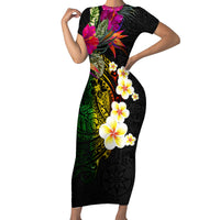 Hawaii Plumeria Family Matching Short Sleeve Bodycon Dress and Hawaiian Shirt Polynesian Tattoo and Hibiscus LT03 Mom's Dress Black - Polynesian Pride