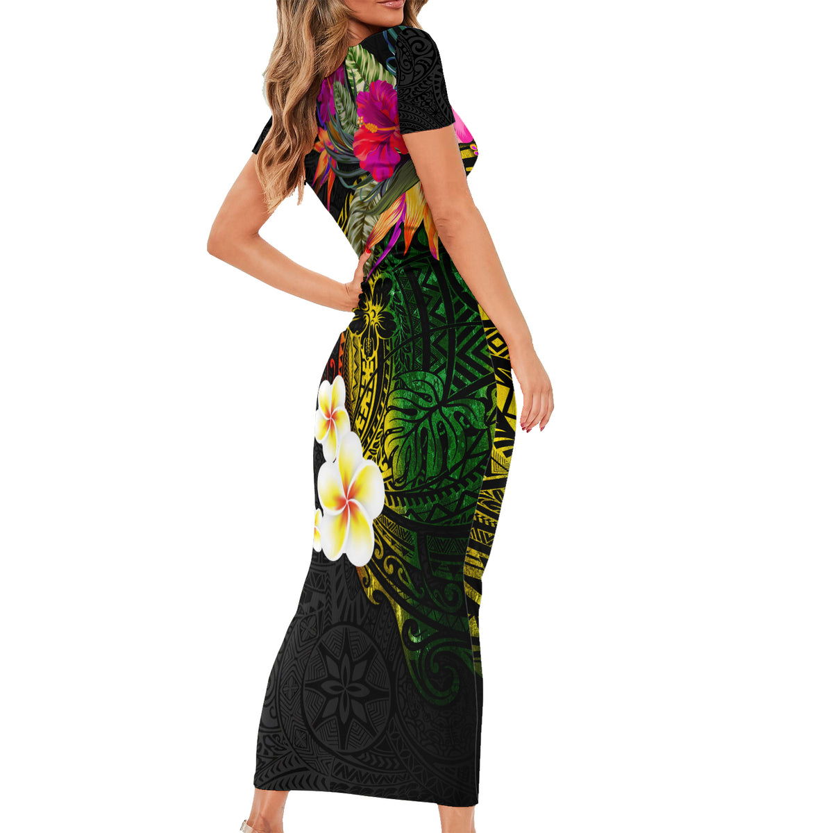 Hawaii Plumeria Family Matching Short Sleeve Bodycon Dress and Hawaiian Shirt Polynesian Tattoo and Hibiscus LT03 - Polynesian Pride