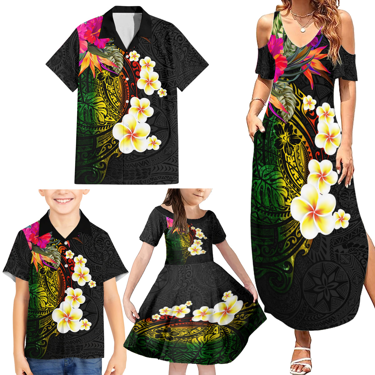 Hawaii Plumeria Family Matching Summer Maxi Dress and Hawaiian Shirt Polynesian Tattoo and Hibiscus LT03 - Polynesian Pride