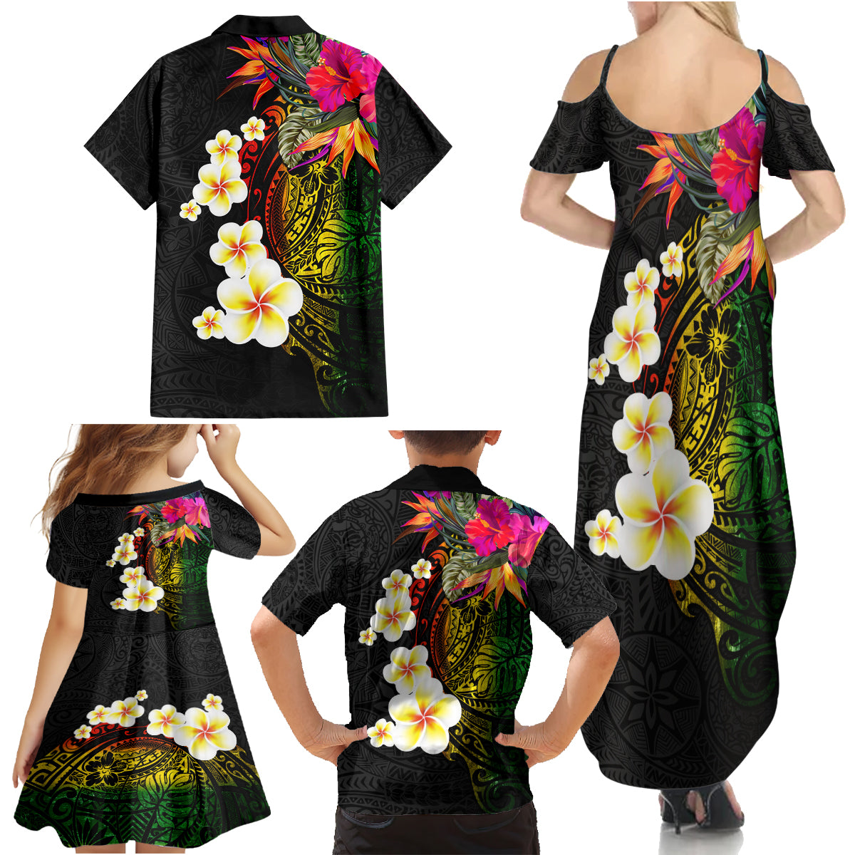 Hawaii Plumeria Family Matching Summer Maxi Dress and Hawaiian Shirt Polynesian Tattoo and Hibiscus LT03 - Polynesian Pride