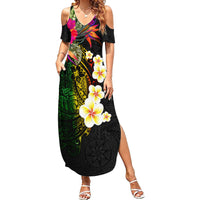 Hawaii Plumeria Family Matching Summer Maxi Dress and Hawaiian Shirt Polynesian Tattoo and Hibiscus LT03 Mom's Dress Black - Polynesian Pride