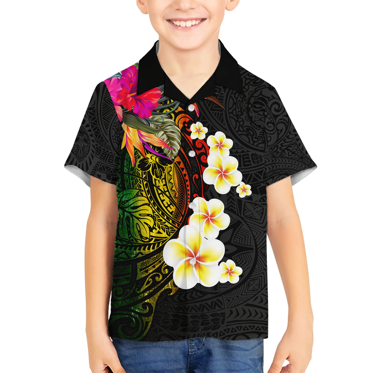 Hawaii Plumeria Family Matching Summer Maxi Dress and Hawaiian Shirt Polynesian Tattoo and Hibiscus LT03 Son's Shirt Black - Polynesian Pride