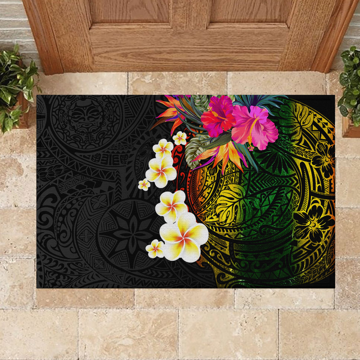 Hawaii Plumeria Rubber Doormat Polynesian Tattoo and Hibiscus