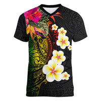 Hawaii Plumeria Women V Neck T Shirt Polynesian Tattoo and Hibiscus