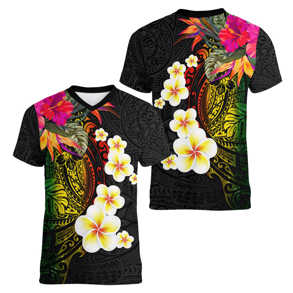 Hawaii Plumeria Women V Neck T Shirt Polynesian Tattoo and Hibiscus