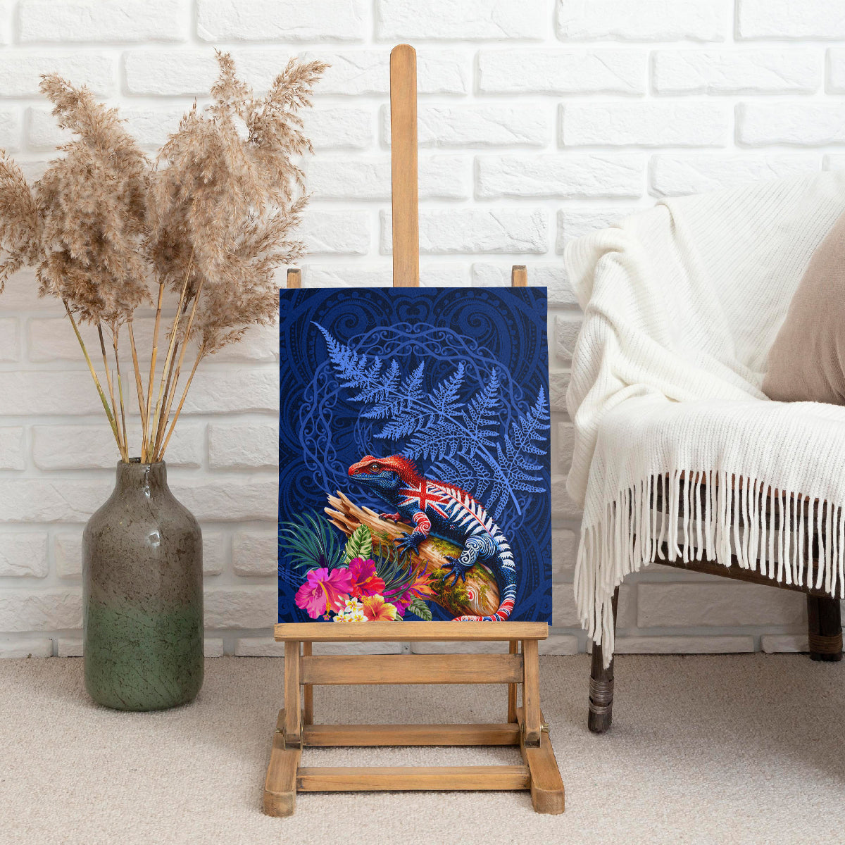 New Zealand Tuatara Canvas Wall Art Silver Fern Hibiscus and Tribal Maori Pattern Blue Color