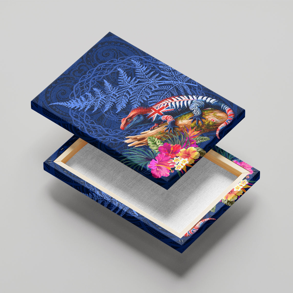 New Zealand Tuatara Canvas Wall Art Silver Fern Hibiscus and Tribal Maori Pattern Blue Color