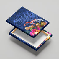 New Zealand Tuatara Canvas Wall Art Silver Fern Hibiscus and Tribal Maori Pattern Blue Color