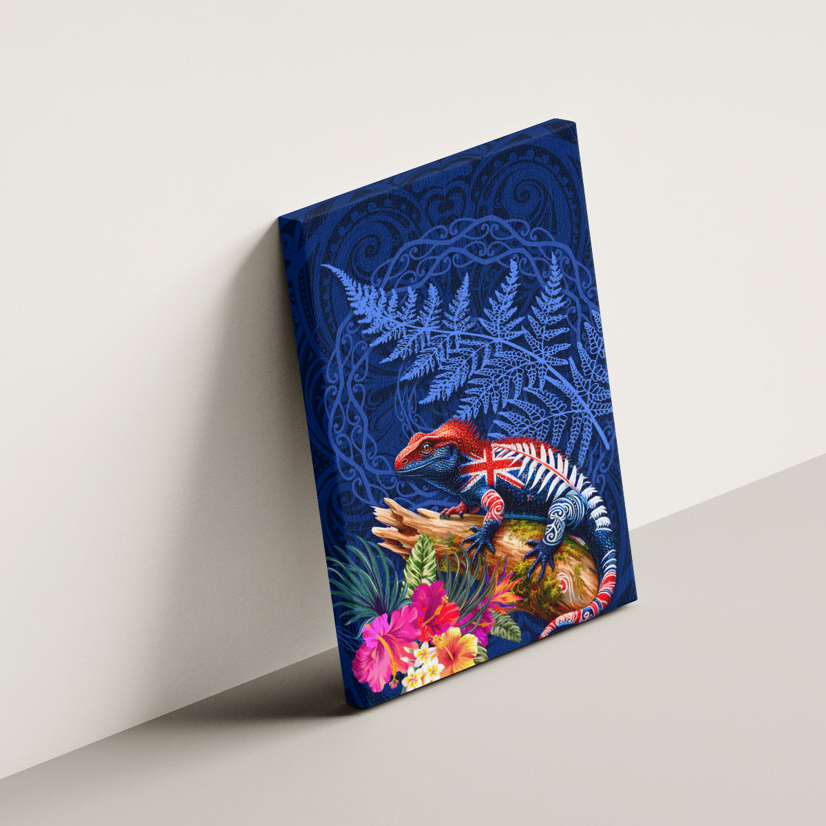New Zealand Tuatara Canvas Wall Art Silver Fern Hibiscus and Tribal Maori Pattern Blue Color