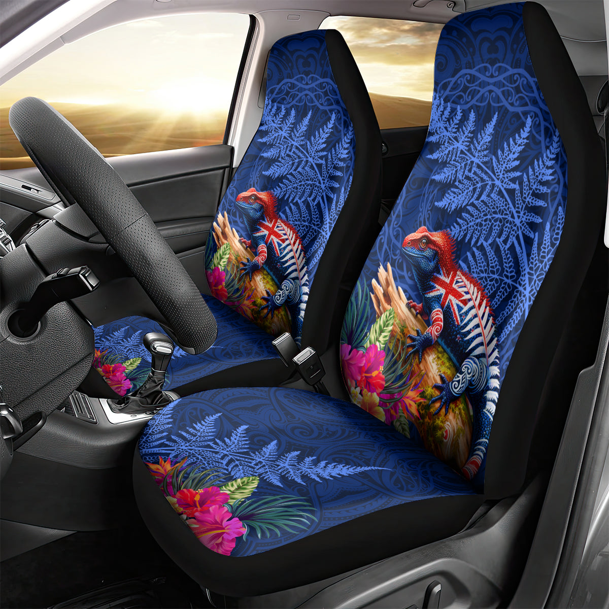 New Zealand Tuatara Car Seat Cover Silver Fern Hibiscus and Tribal Maori Pattern Blue Color LT03 - Polynesian Pride
