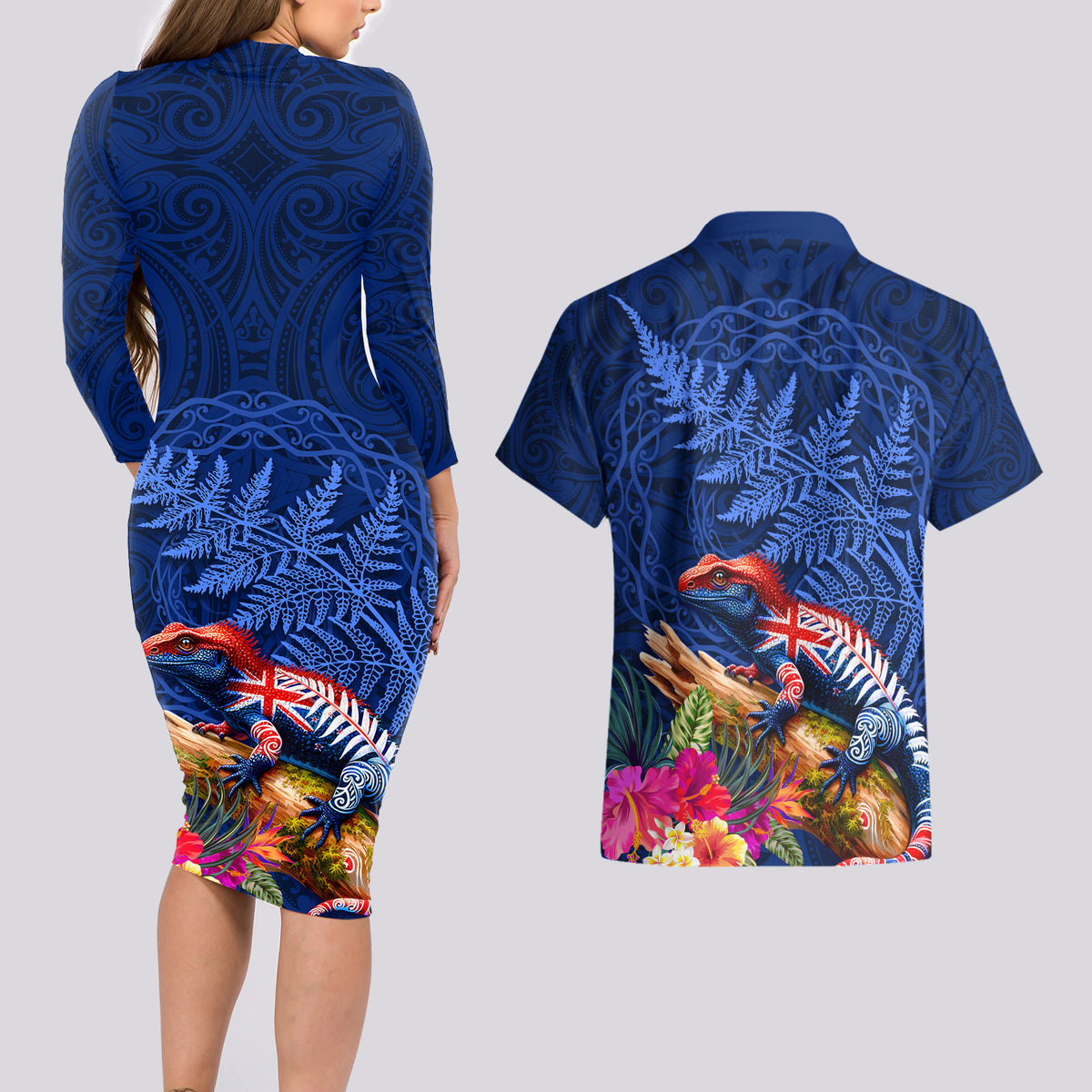 New Zealand Tuatara Couples Matching Long Sleeve Bodycon Dress and Hawaiian Shirt Silver Fern Hibiscus and Tribal Maori Pattern Blue Color LT03 - Polynesian Pride