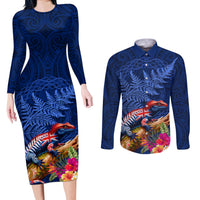 New Zealand Tuatara Couples Matching Long Sleeve Bodycon Dress and Long Sleeve Button Shirt Silver Fern Hibiscus and Tribal Maori Pattern Blue Color LT03 Blue - Polynesian Pride
