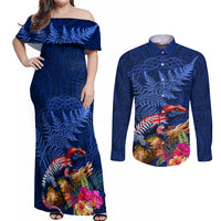 New Zealand Tuatara Couples Matching Off Shoulder Maxi Dress and Long Sleeve Button Shirt Silver Fern Hibiscus and Tribal Maori Pattern Blue Color LT03 Blue - Polynesian Pride