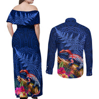 New Zealand Tuatara Couples Matching Off Shoulder Maxi Dress and Long Sleeve Button Shirt Silver Fern Hibiscus and Tribal Maori Pattern Blue Color LT03 - Polynesian Pride