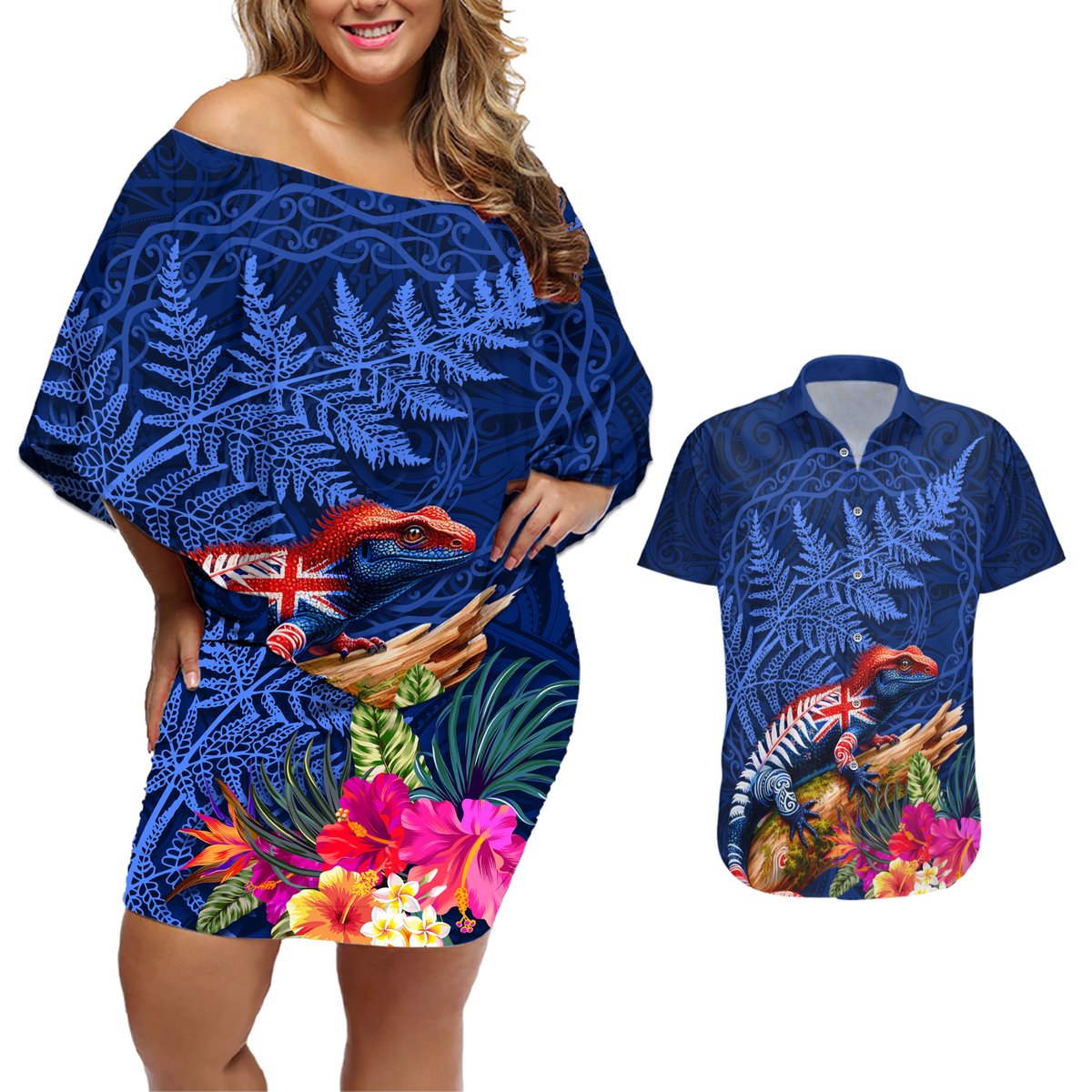New Zealand Tuatara Couples Matching Off Shoulder Short Dress and Hawaiian Shirt Silver Fern Hibiscus and Tribal Maori Pattern Blue Color LT03 Blue - Polynesian Pride