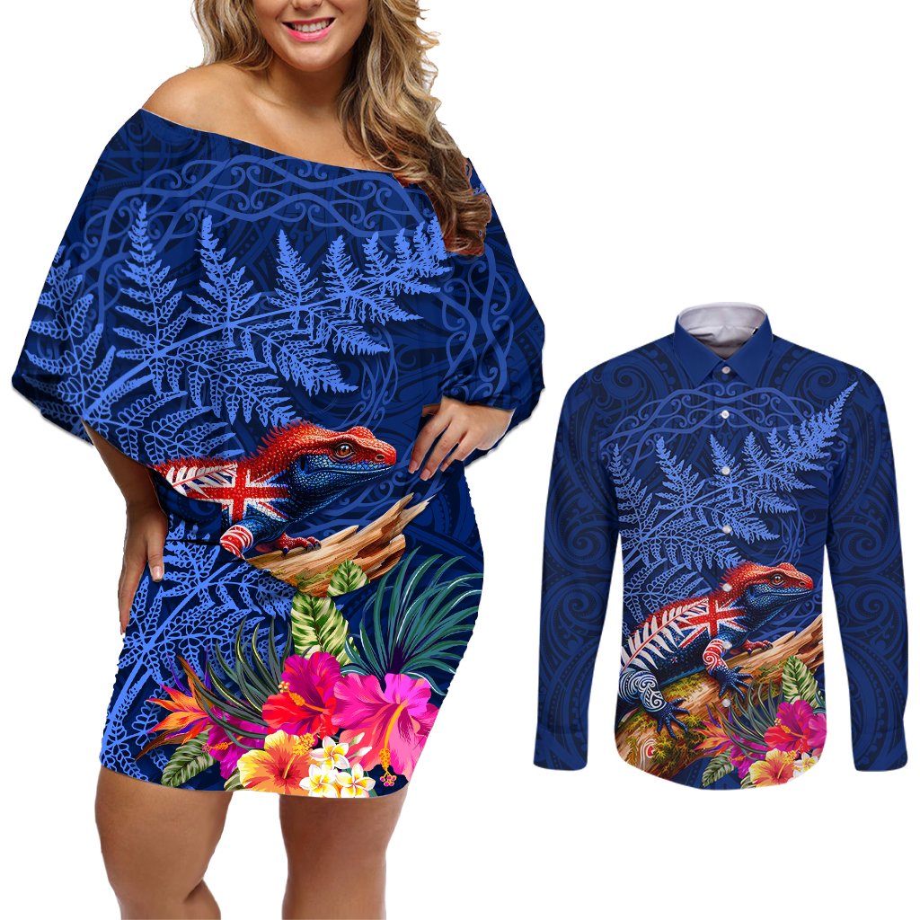 New Zealand Tuatara Couples Matching Off Shoulder Short Dress and Long Sleeve Button Shirt Silver Fern Hibiscus and Tribal Maori Pattern Blue Color LT03 Blue - Polynesian Pride