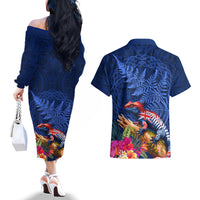New Zealand Tuatara Couples Matching Off The Shoulder Long Sleeve Dress and Hawaiian Shirt Silver Fern Hibiscus and Tribal Maori Pattern Blue Color LT03 - Polynesian Pride