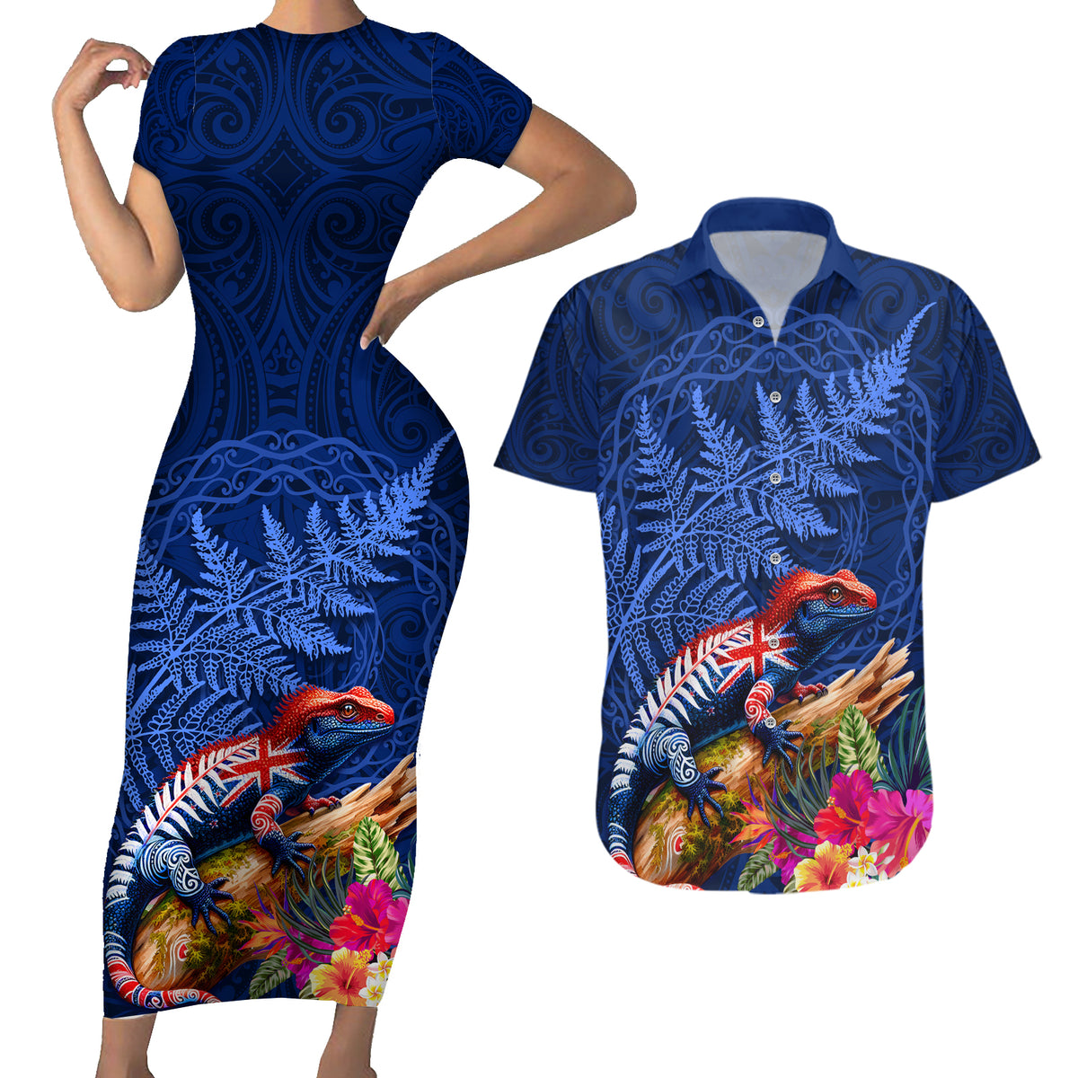 New Zealand Tuatara Couples Matching Short Sleeve Bodycon Dress and Hawaiian Shirt Silver Fern Hibiscus and Tribal Maori Pattern Blue Color LT03 Blue - Polynesian Pride