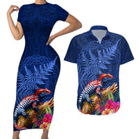New Zealand Tuatara Couples Matching Short Sleeve Bodycon Dress and Hawaiian Shirt Silver Fern Hibiscus and Tribal Maori Pattern Blue Color LT03 Blue - Polynesian Pride