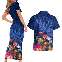 New Zealand Tuatara Couples Matching Short Sleeve Bodycon Dress and Hawaiian Shirt Silver Fern Hibiscus and Tribal Maori Pattern Blue Color LT03 - Polynesian Pride